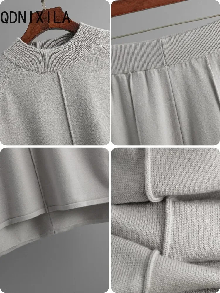 2-piece womens winter casual knitted track suit O-neck split sweater wide leg pants set womens knitted two-piece set 241010