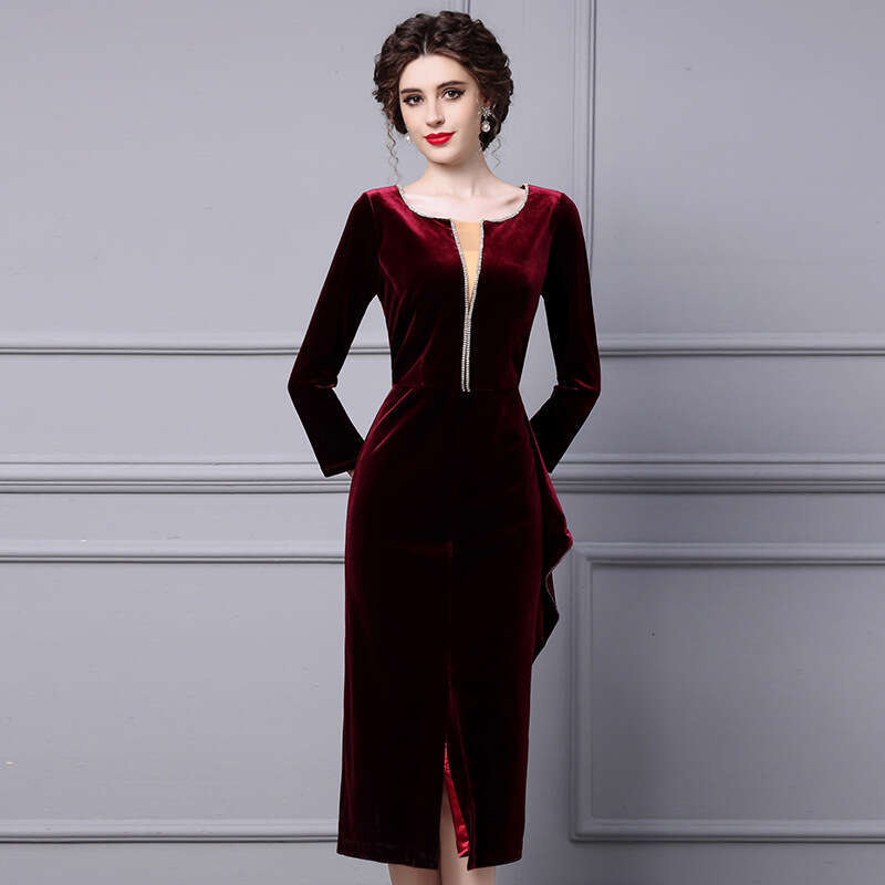 Golden Velvet Dress for Womens Autumn 2024 New Collection: Nail Diamond Lotus Leaf Edge Length Bottom Long Sleeve Hip Wrapping Skirt