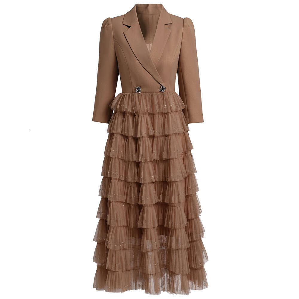 high-end exquisite temperament suit dress with mesh splicing and sparkling diamond fake two-piece cake skirt Autumn 2024 new item