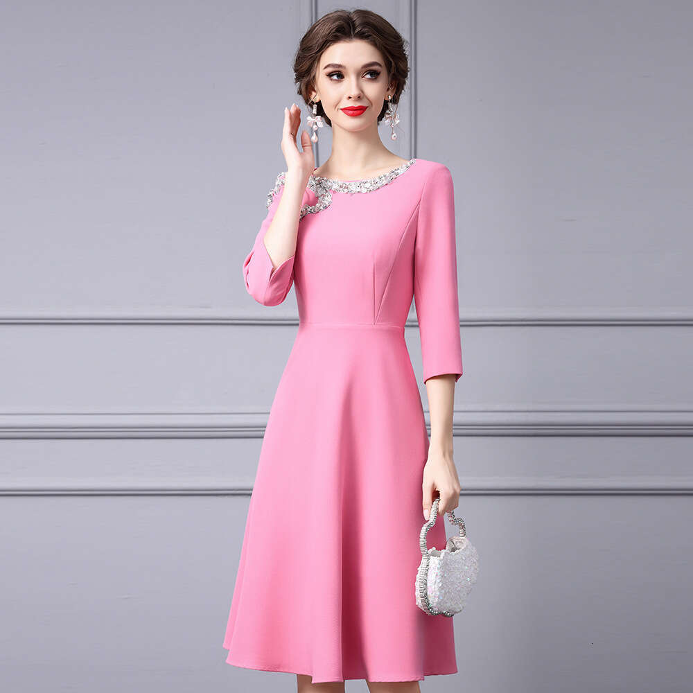 Heavy Industry hot stamping diamond high-end luxury temperament high waist slimming pink A-line dress 2024 new womens autumn