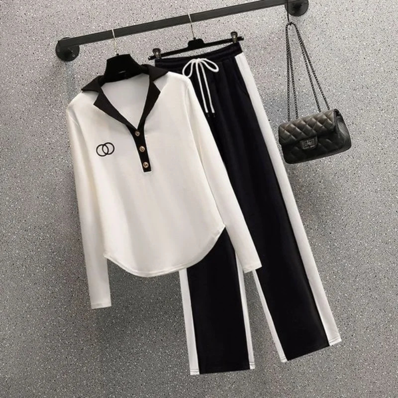 Womens Spring/Summer Korean Edition Weight Loss Polo Necklace Age Reduction Long Sleeve Casual Pants Two Piece Set 241010