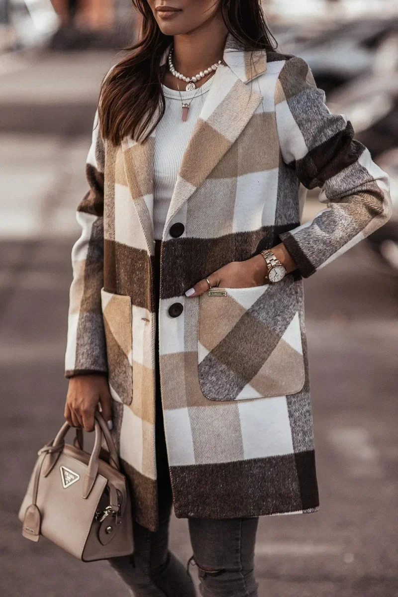 Womens sexy fashion casual commuting vacation style plaid printed long sleeved single chest wool coat 241007