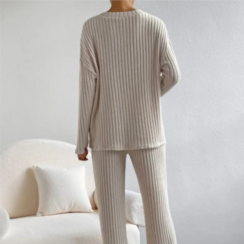 Womens autumn and winter set fashionable casual pit stripe wool Vneck top straight pants solid color sweater twopiece 241008