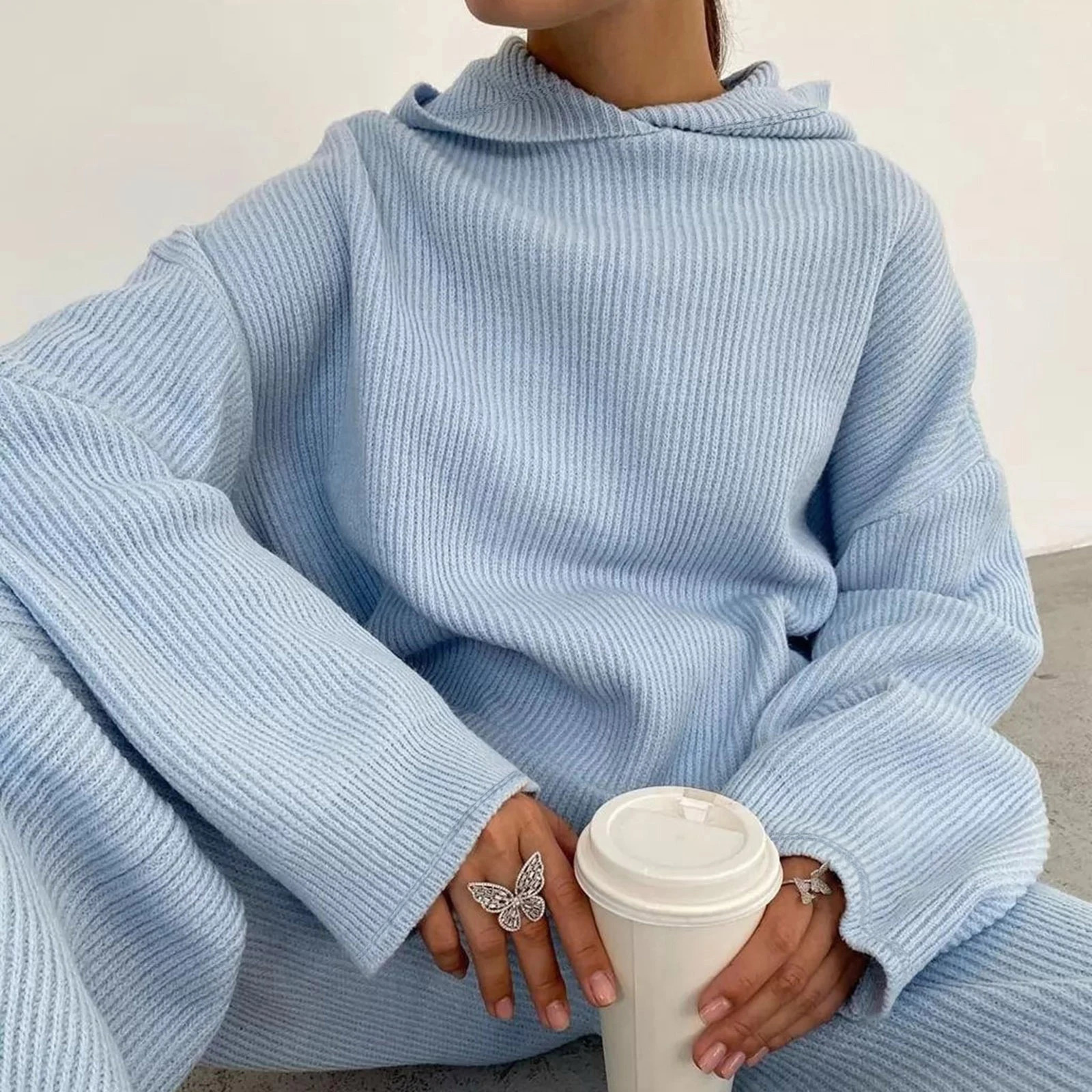 Womens solid casual activity suit set a chic drawstring sweater with kangaroo pocket and stylish sloping pocket jogging two-piece set 241010