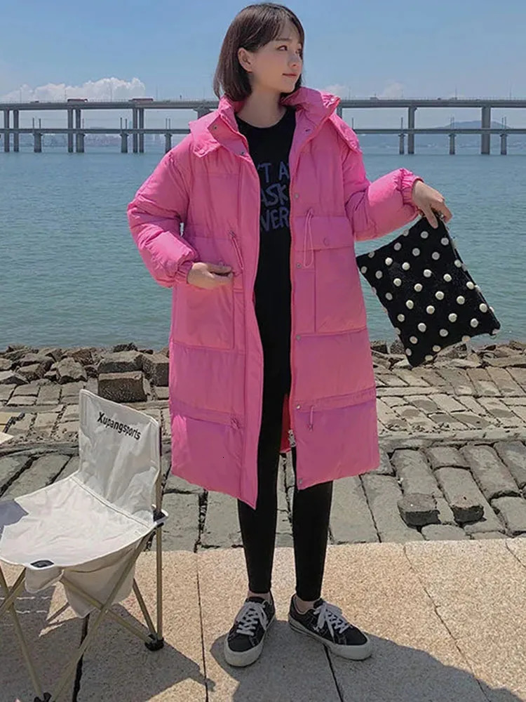 Womens winter hoodie long coat plus size thick loose pockets Parkas waist brushed Jaqueta Puffer Korean cold coat 241007
