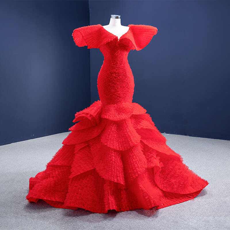 RSM Collection 67286 Layers Simple Red Evening Dress Sexy Fishtail Slim Fit Frill Exquisite Tulle Backless Party Prom Gown Robes