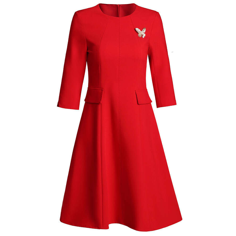 Smart high-end red dress that highlights height thinness unique seven quarter sleeve A-line skirt Spring and Autumn 2024 new collection