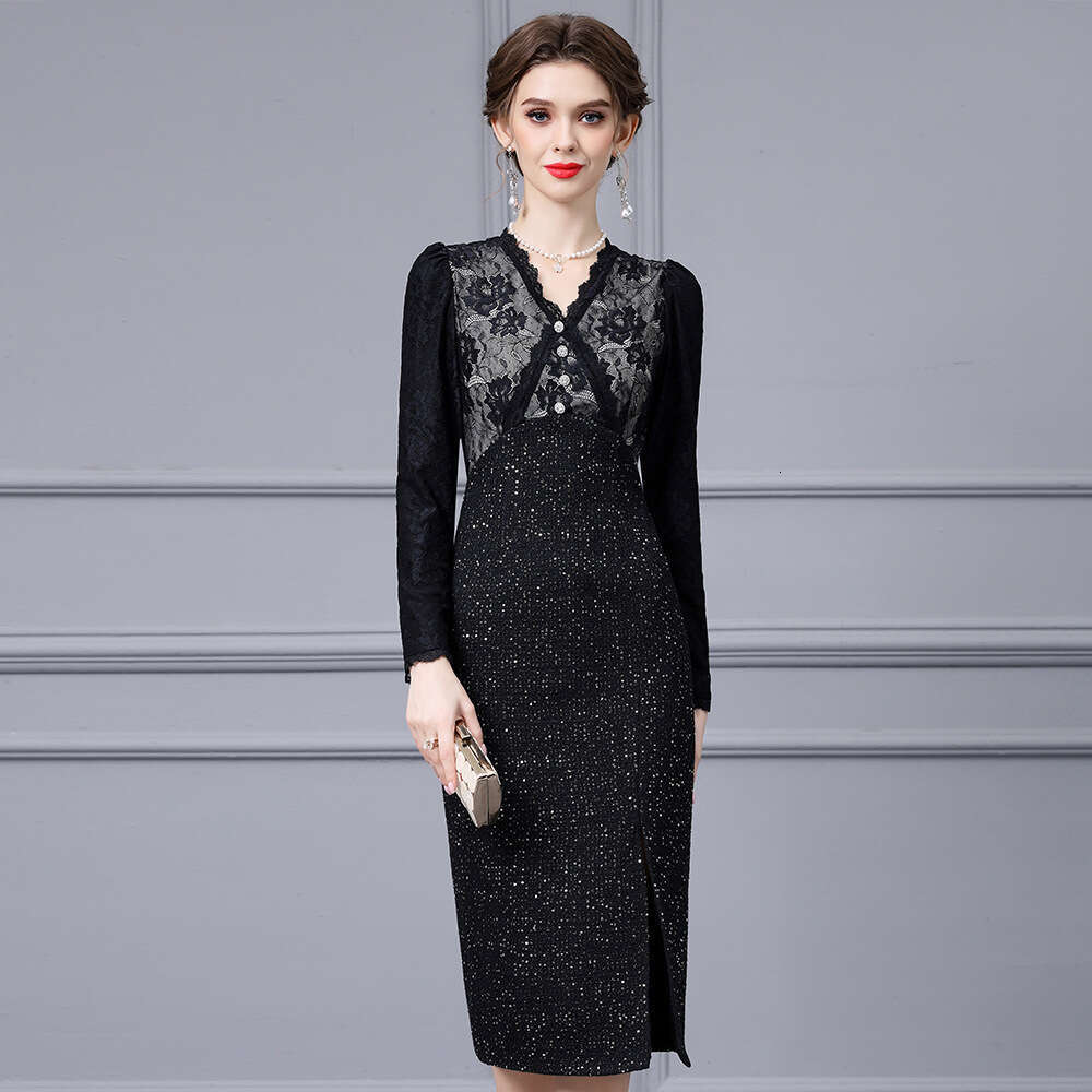 Black Lace Splicing Coarse Floral Bun Hip Skirt Mature Light Luxury Noble Womens Split Dress 2024 Autumn