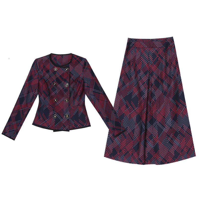 Fashion Skirt for Women 2024 Autumn New Collection with Grid Pattern Round Neck Waist Collection Long Sleeve Coat Two Piece Set