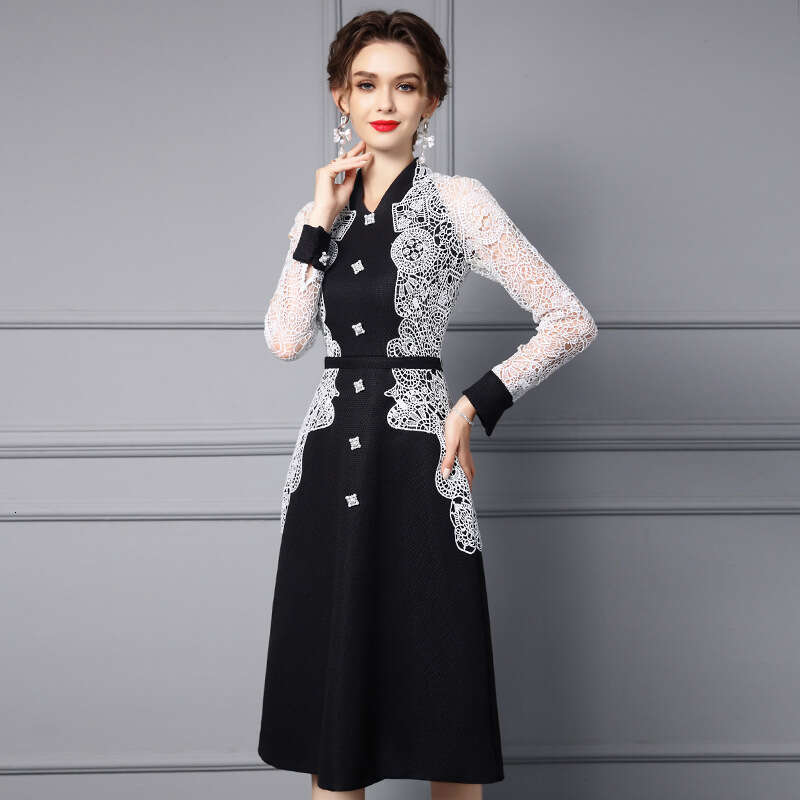 autumn women 2024 new high-end lace long sleeved slimming mid length A-line dress