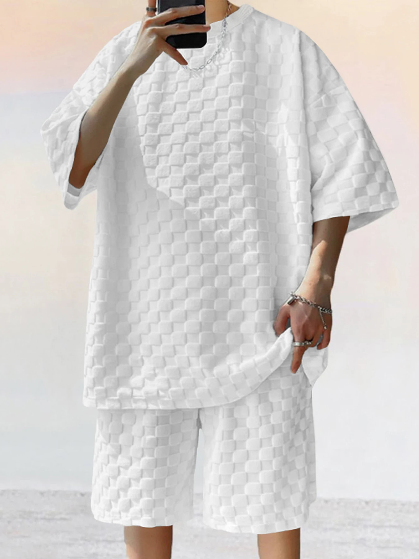 Summer Europe and the United States fashion mens checkerboard spring summer relaxed sports leisure twopiece set 241010