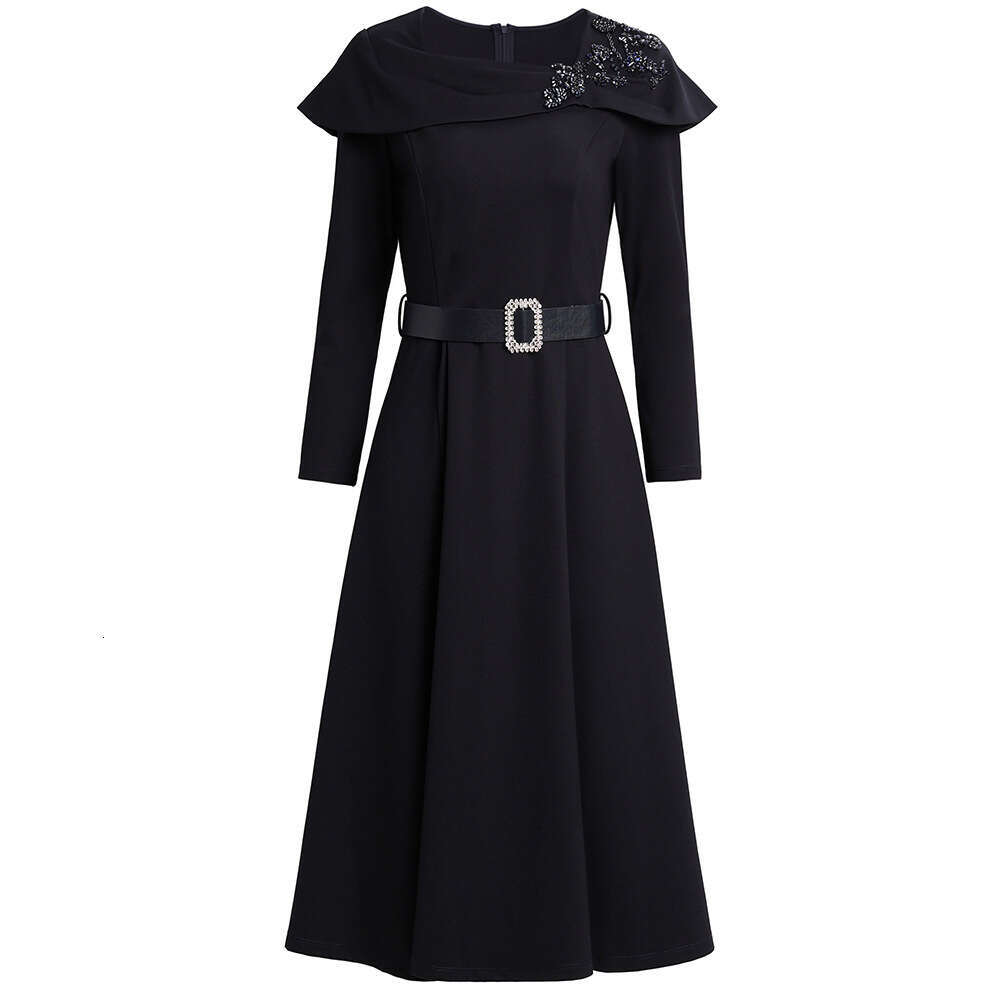 long sleeved dress for women in autumn 2024 new square neck cape nail drill mid length pear shaped figure A-line skirt