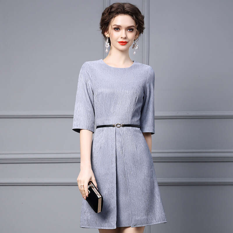 2024 Autumn New Dress Commuting Style Belt Womens High Grade Solid Color Five Sleeve A-line Skirt