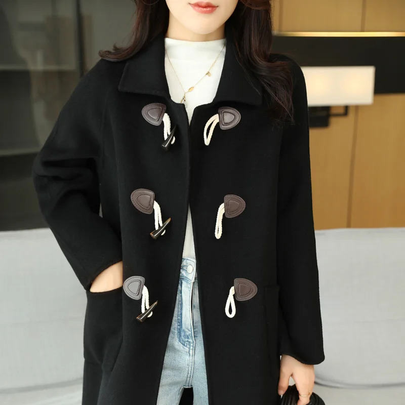 Cow Horn Button Wool Coat Womens Autumn And Winter Loose Fashion Version DoubleSided Woolen Medium Long Lapel 240930