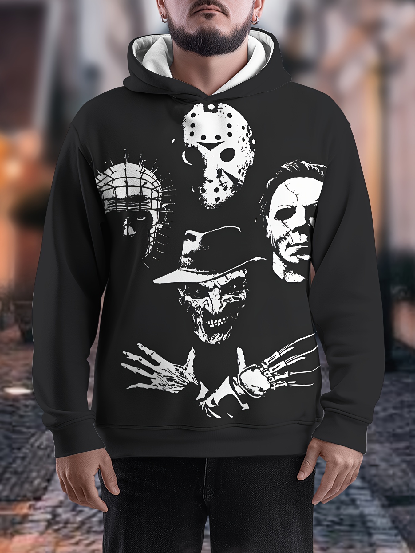 Men's 3D Hoodie with Horror Movie Masks Print, Casual Polyester Hooded Sweatshirt, Unisex Adult Fall/Winter Collection, Knit Fabric, Regular Fit,