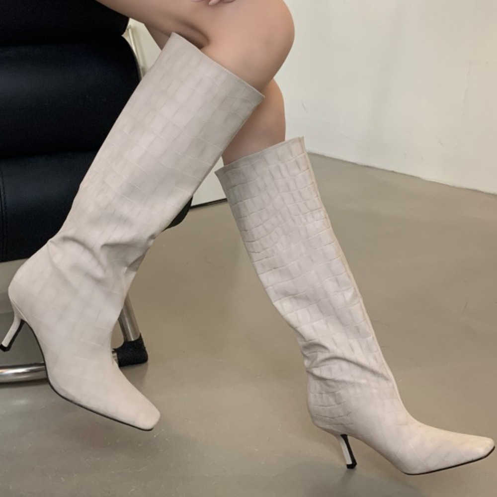 Crocodile Patterned Fashion Boots Square Toe High-heeled Long Martin Boots For Women Autumn Winter Knee Knight Boots Slim Heels Boots 240826