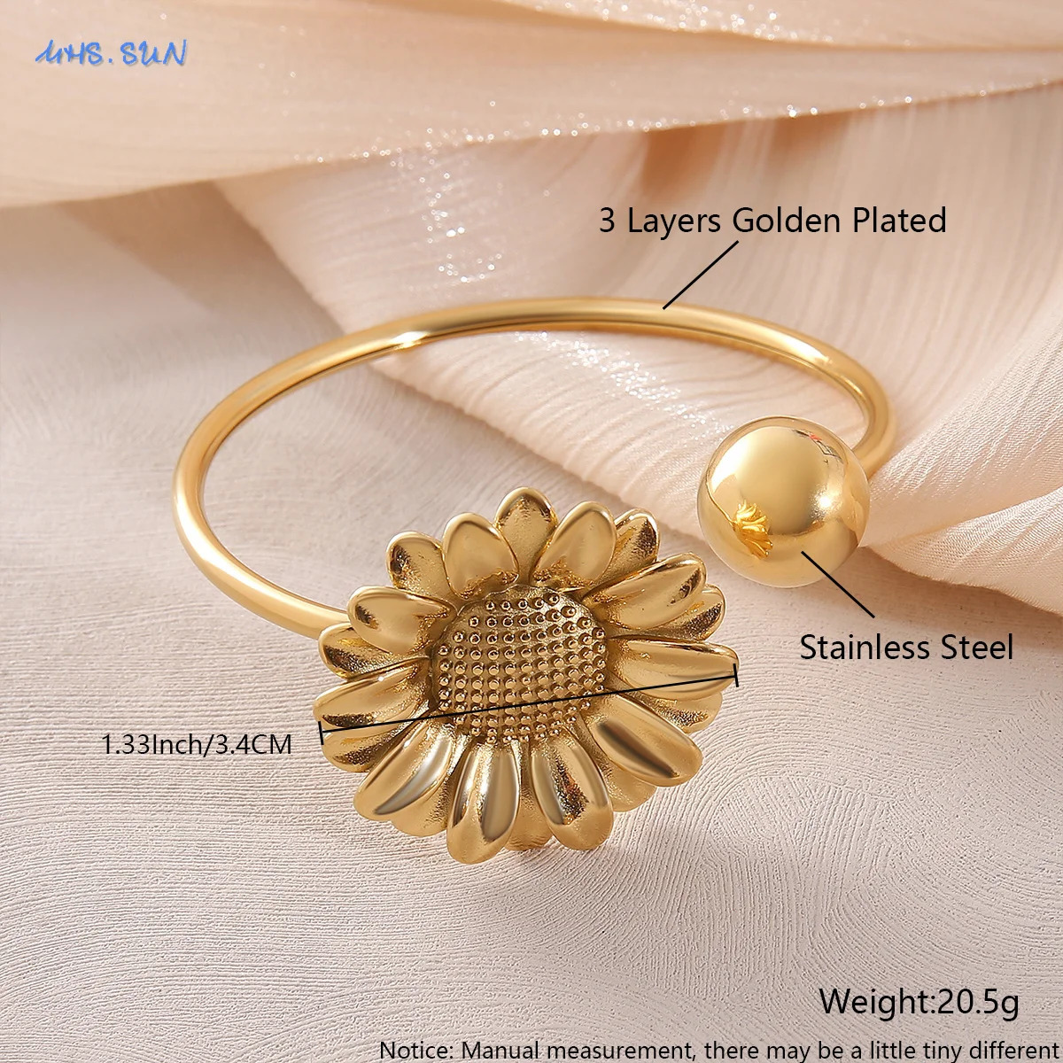 MHS. Sun Fashion Sunflower Stainless Steel Cuff Bracelet Gold Plated Block Large Flower Edition Mens Daily Jewelry 241007