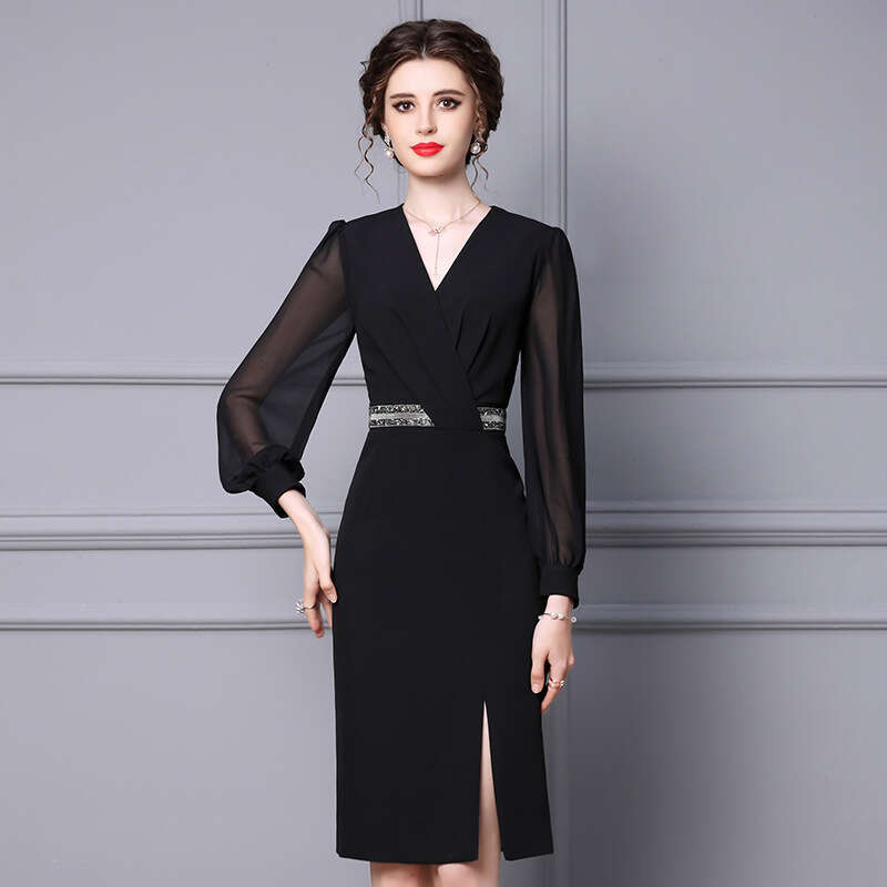 childrens new 2024 autumn fashion dress temperament long sleeved black French style puff skirt