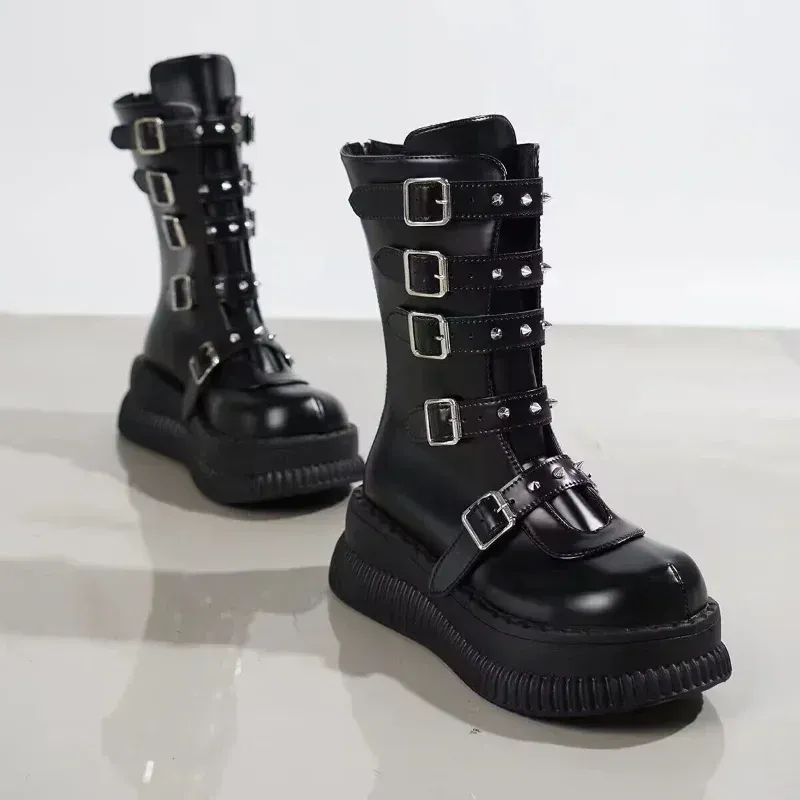 Women Black Gothic Platform Wedges Motorcycle Female Punk Bottom Boots Ladies Thick High Heels Party Shoes
