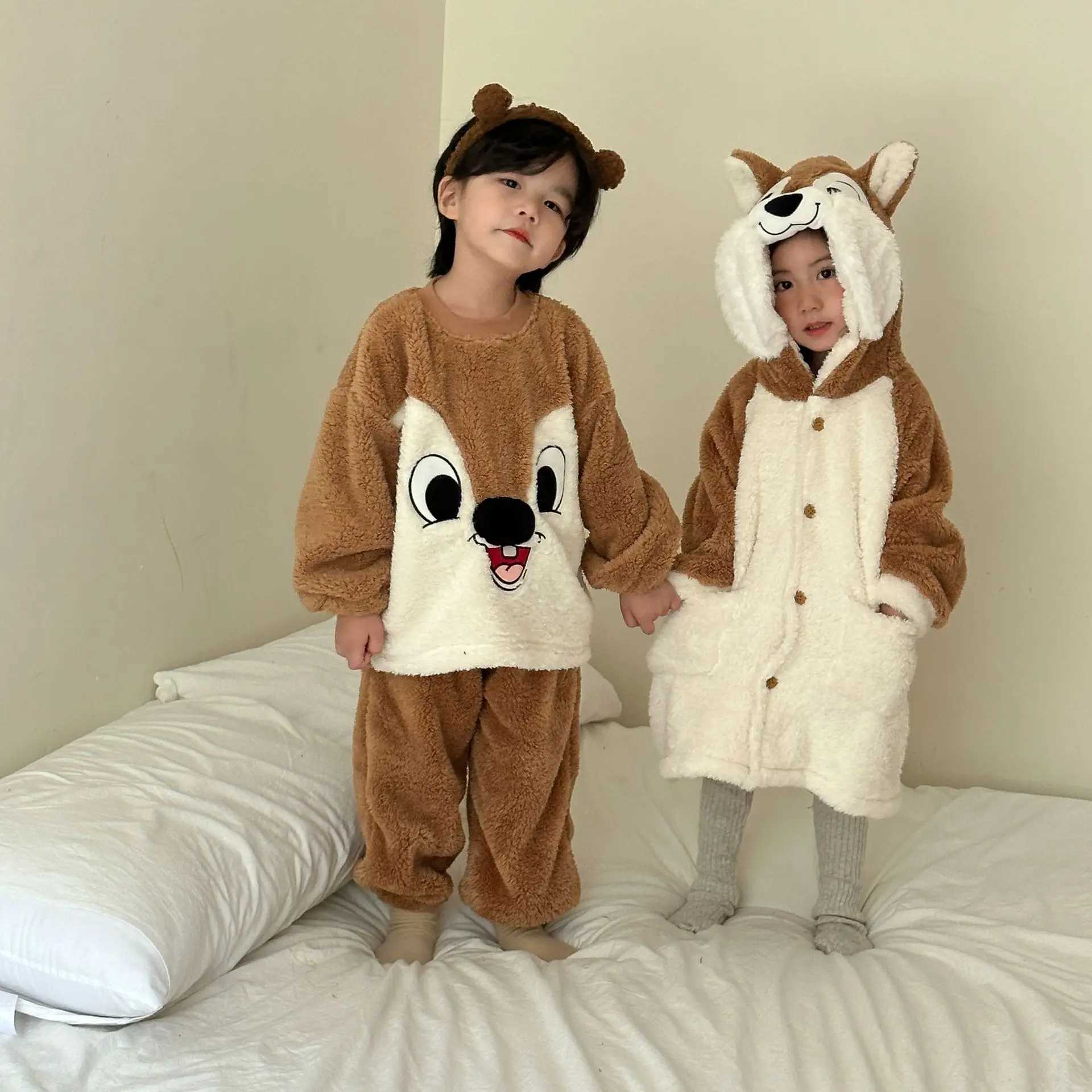 Pajamas Autumn Winter Childrens Boys Pajamas Long Haired Flannel Coral Childrens Girls Nightgowns 1-10 Years Baby 2PCS Home Clothes Set S2410127