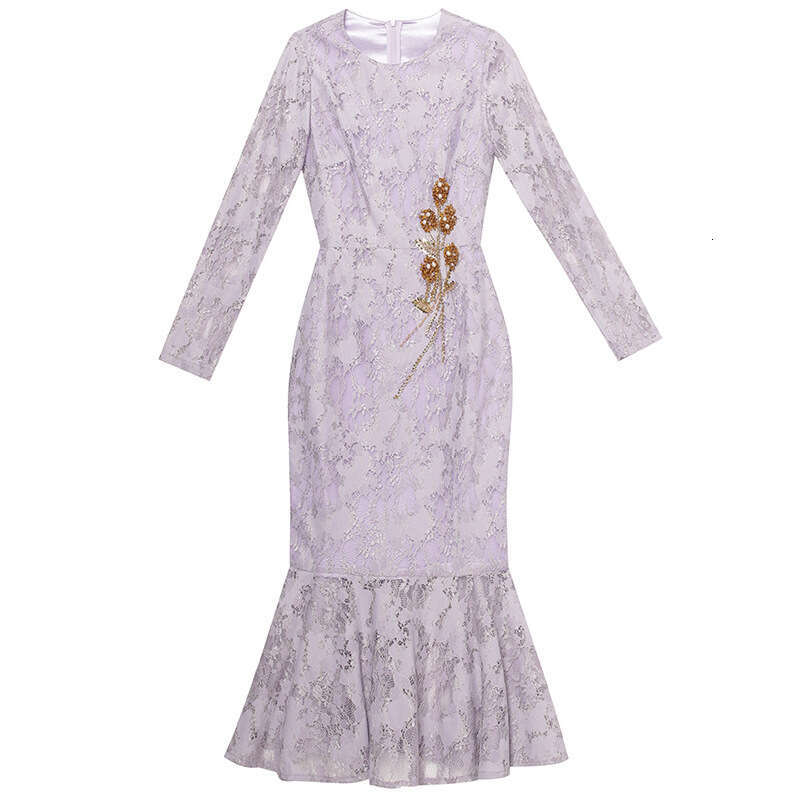 white dress 2024 new womens autumn style high-end lace nail drill slim fit mid length fish tail skirt