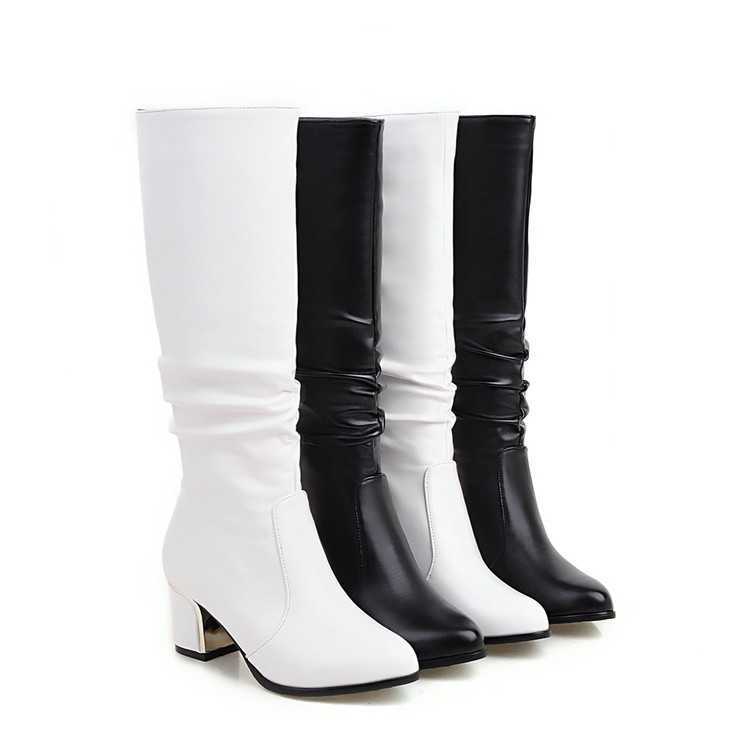 Large Long Fashion Boots For Women Fashionable Martin Boots Pointed Toe Thick Heel High-heeled Knight Boots For Women Solid Color Leather Knight Boots