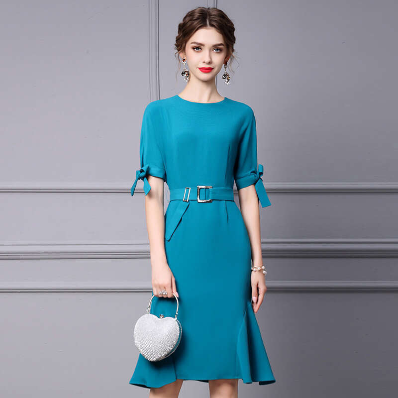 solid color dress pear shaped figure 2024 summer new bow short sleeved waist slimming fishtail skirt