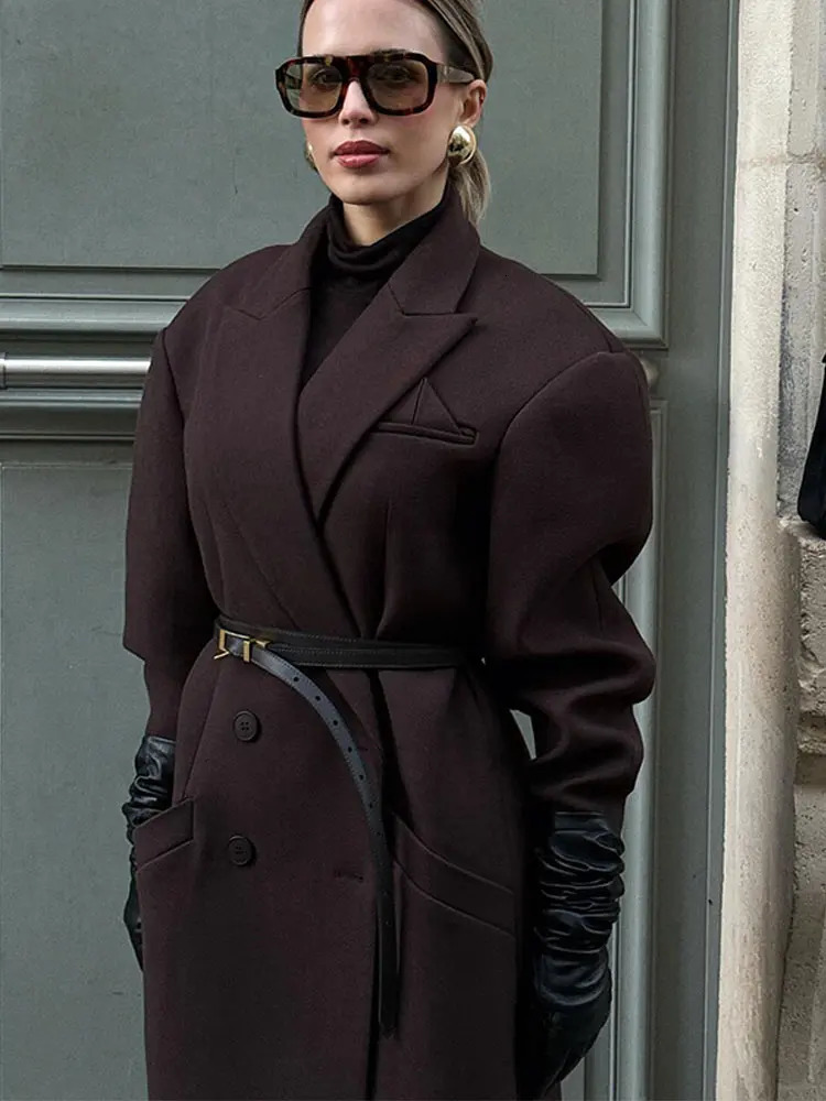 2024 Autumn Elegant woolen Doublebreasted Lapel Woolen Overcoat Women With Pockets Long Sleeves Casual Coats Lady Streetwear 240930