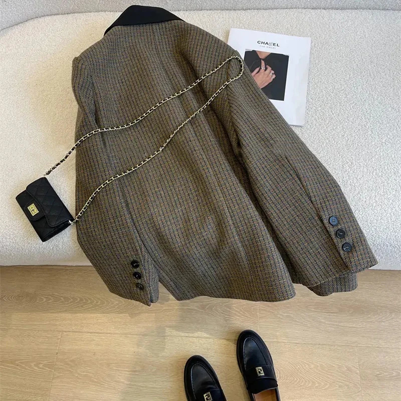 Vintage Wool Blends Coat Elegant Houndstooth Blazer Winter Korean Thicken Jacket Office Ladies Plaid Suit Outerwear 241008