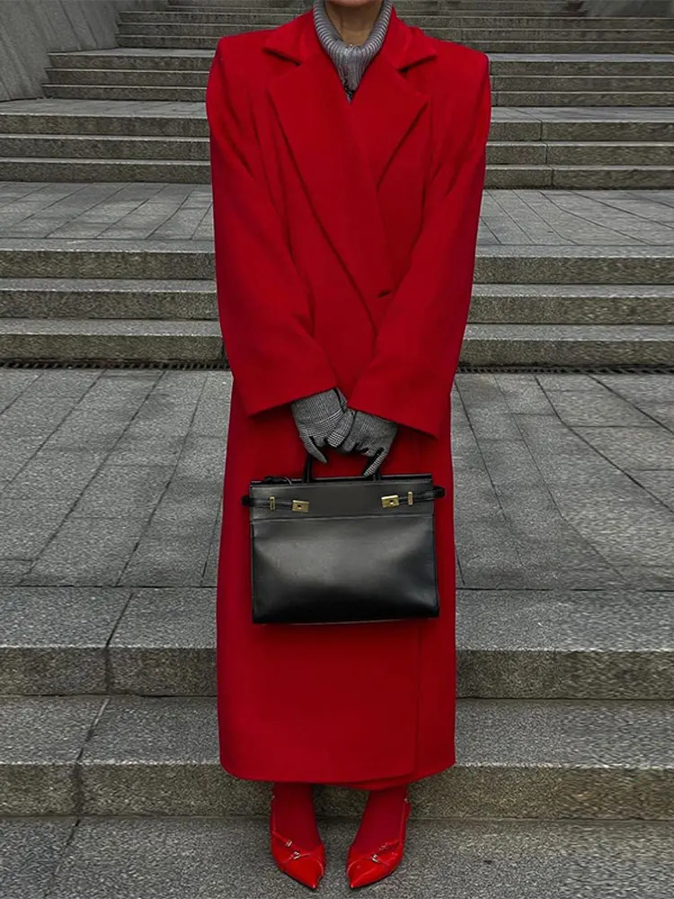 2024 Red Lapel Woolen Overcoat Women Fashion Long Sleeves Button Casual Office Jacket Autumn Lady High Street Outerwear 240930