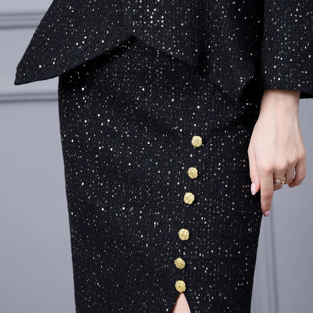 Lady Autumn Set Womens High End Lotus Edge Sparkle Short Top Split Half Skirt Two Piece Set