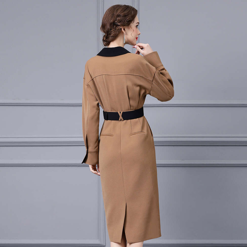 high-end sense contrasting color splicing waist cinching slimming suit collar temperament windbreaker dress 2024 autumn new item