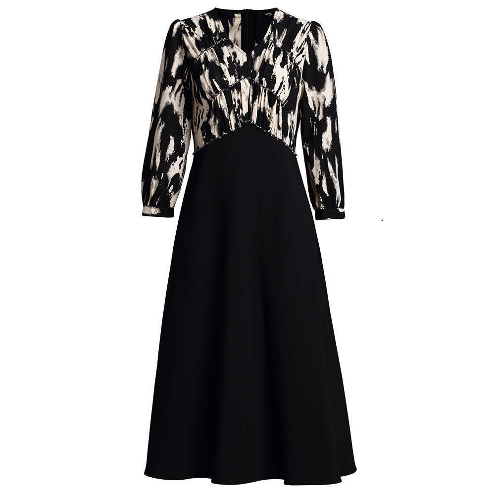 high-end printed patchwork dress 2024 new V-neck pleated nail drill seven quarter sleeve A-line skirt for spring and autumn