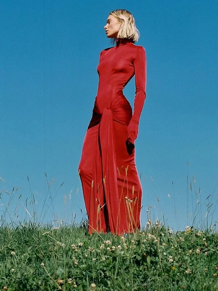 High Neck Long Sleeve Bodycon Dress Womens Tight Elastic Lace Up Maxi Long Dress Autumn Party Club Vestidos 241010