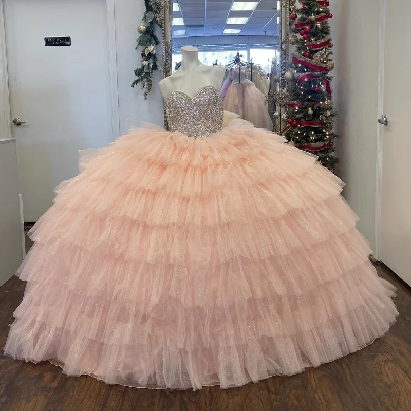 Sparkly Pink Quinceanera Dresses Off The Shoulder Ball Gowns Sequined Beads Tull Tiered Birthday Party Dress Vestidos De 15 Anos Sweet 16 Dress