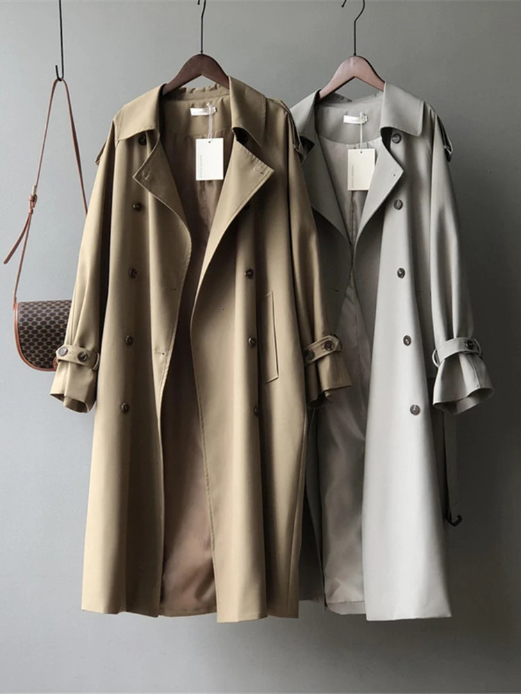 Classic Grey Long Belt Trench Coats Women Korean Double Breasted Gabardina Jackets Streetwear Windbreaker Abrigos Spring Casacos 241008