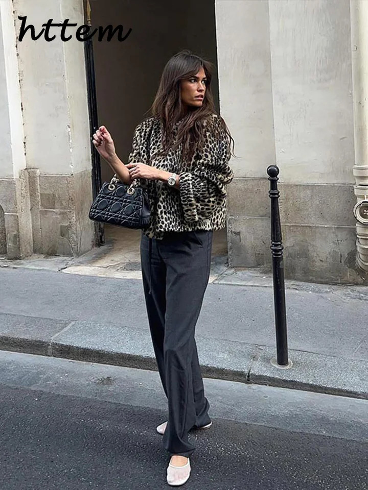 Elegant leopard print womens wool coat loose O-neck long sleeved womens jacket autumn womens retro streetwear 241007