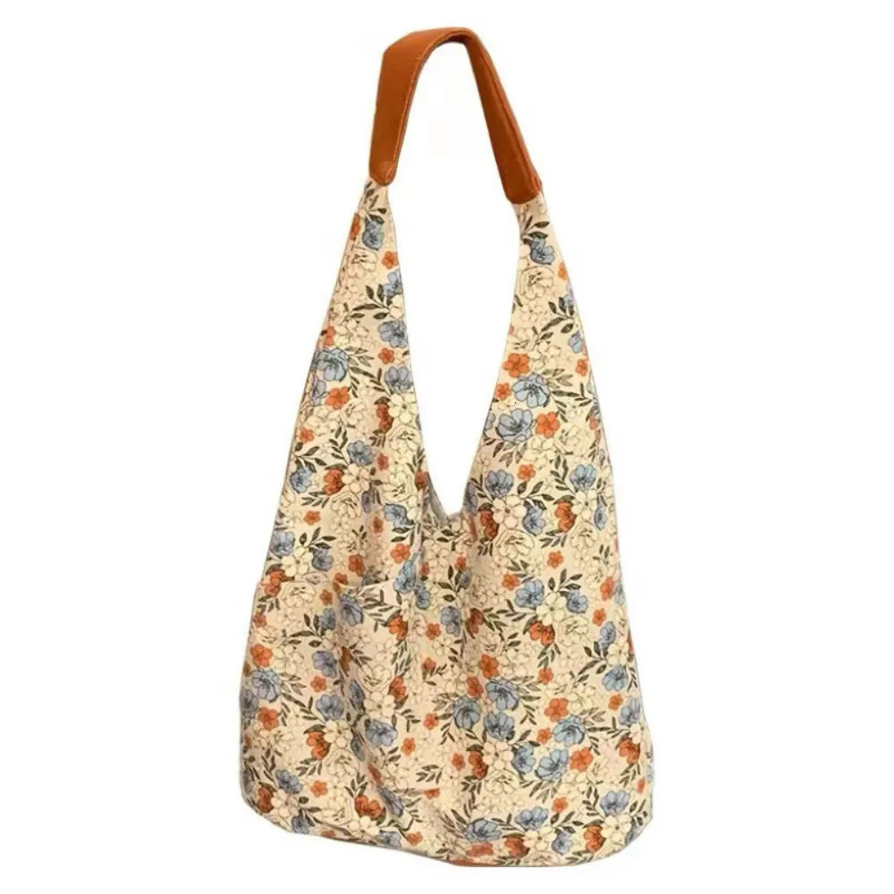 Vintage floral printed bag large capacity bag cute handbag canvas handbag portable shoulder bag Korean style womens shopping bag 241008