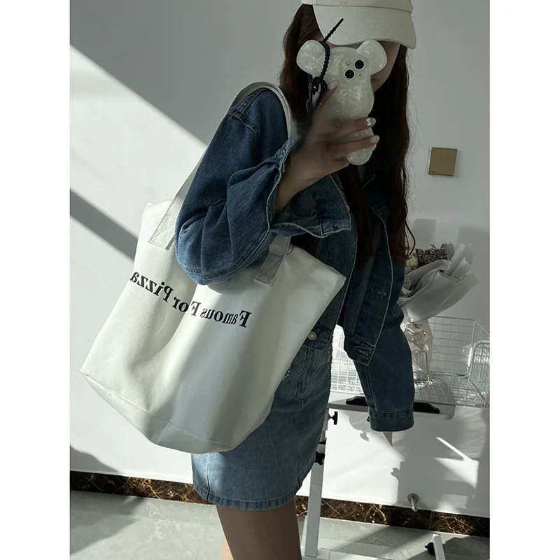 Red Large Capacity Letter Canvas Bag Korean Edition Womens Simple Solid Handbag Leisure Commuting Shopping Bag 241008