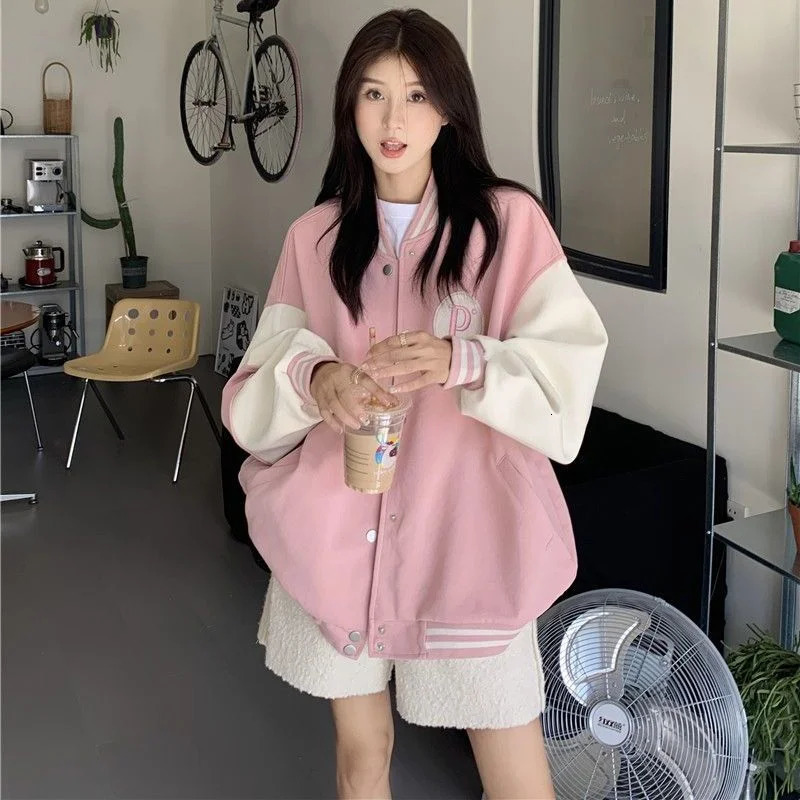 Korean Style College Varsity Jackets Green Bomber Coats Streetwear Couple Loose Harajuku Baseball Jacket Women Oversize 241011