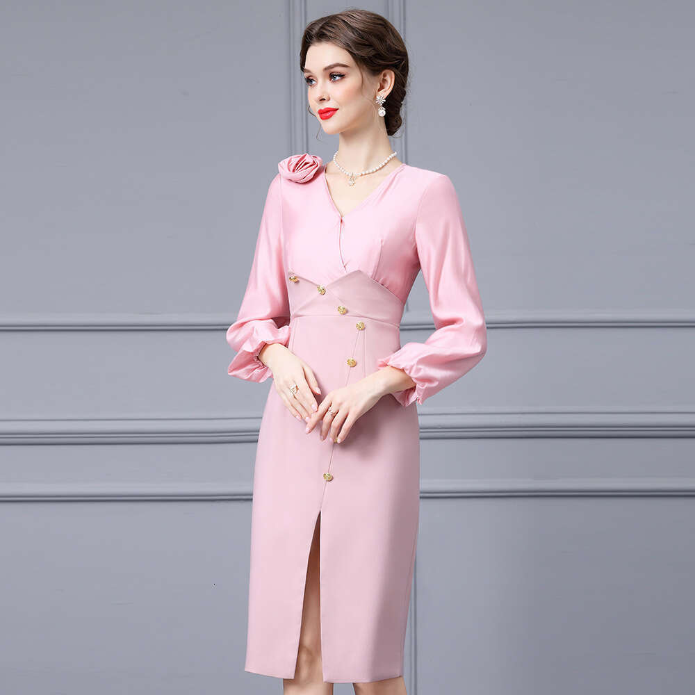 pink high-end socialite temperament dress 2024 new autumn patchwork high waist exquisite slit hip skirt