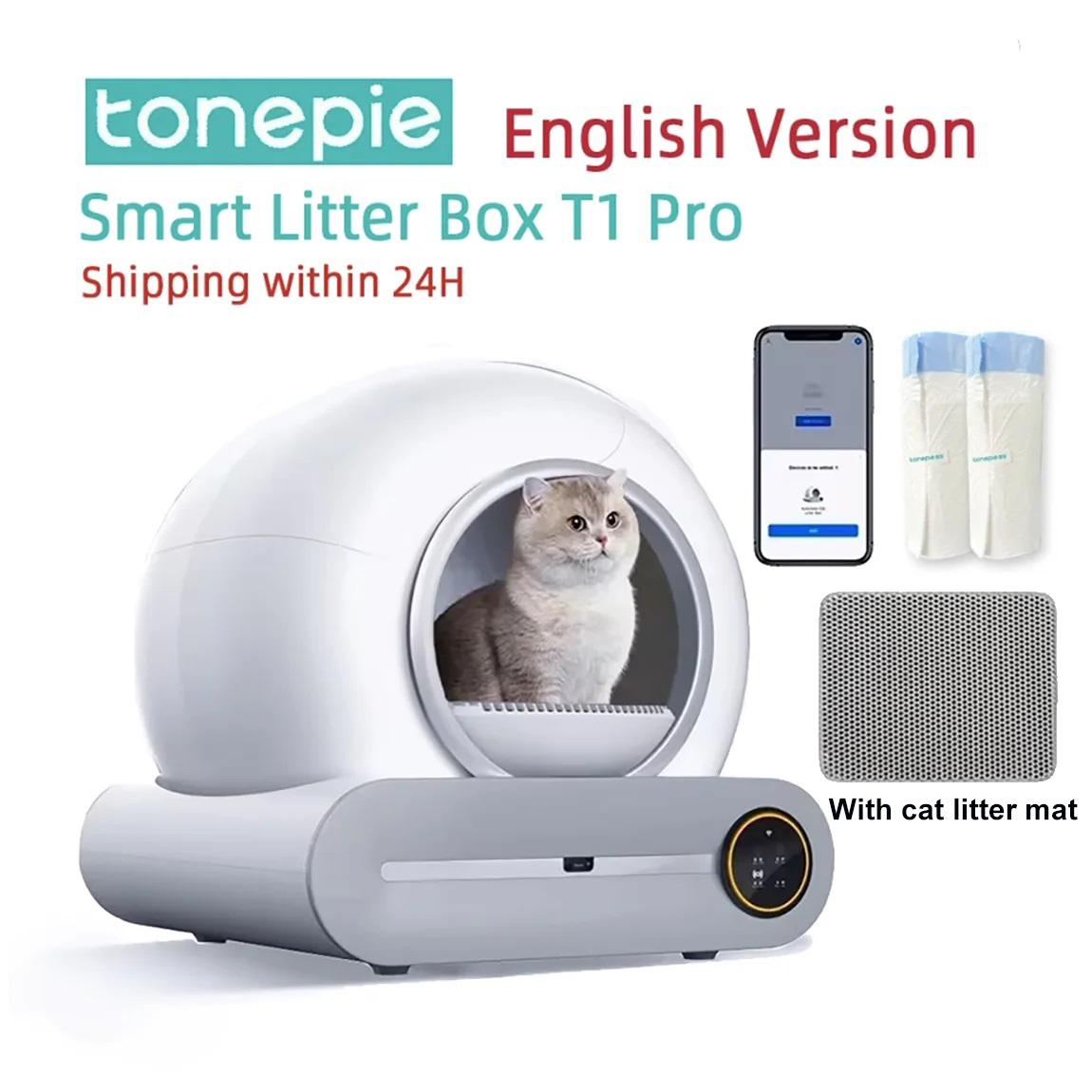 Tonepie Automatic Smart Cat Litter Box Self Cleaning Fully Enclosed App Control Remove Odors Sandbox 65L Litter Tray