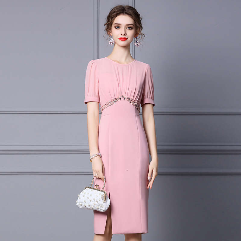 Bubble 2024 New Womens Summer Pink Gentle Style Short Sleeve Nail Drill Over Knee Wrap Hip Dress