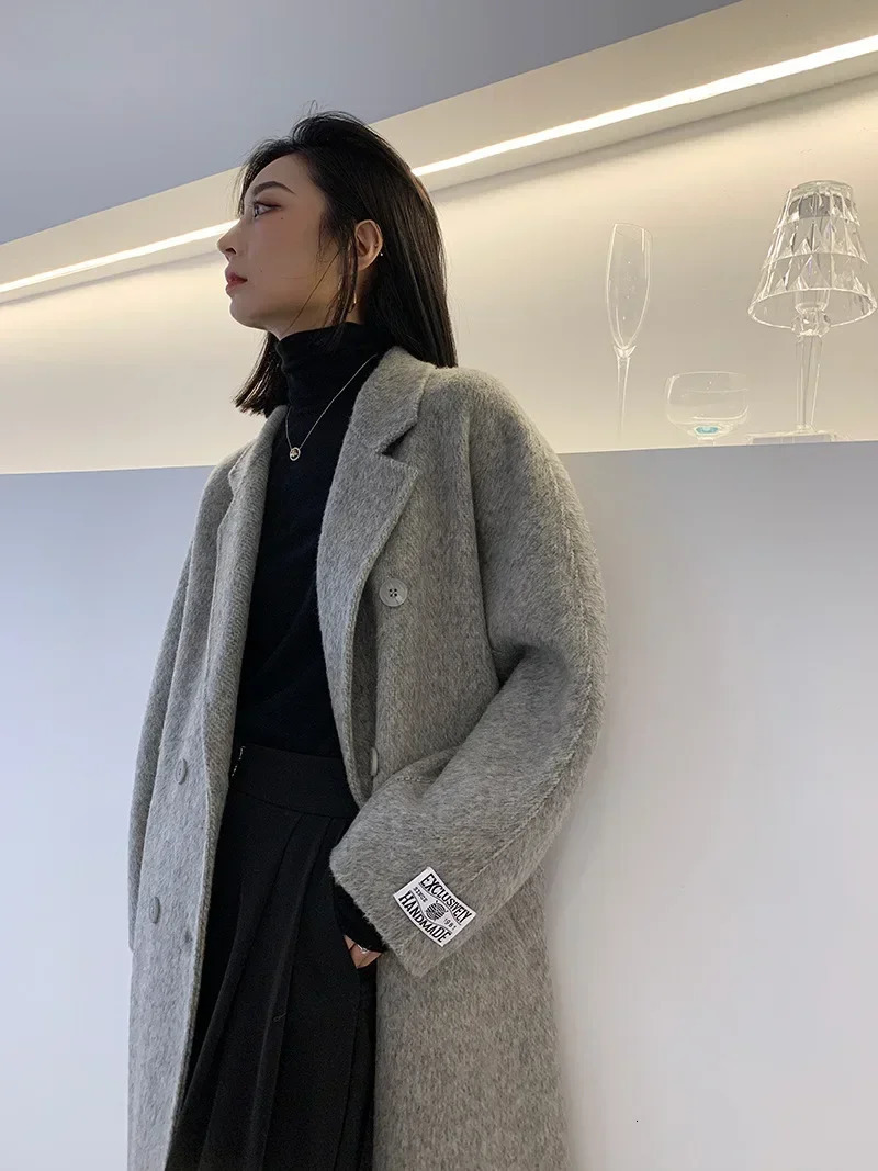 2024 Autumn Winter Wool Coat Women Doublebreasted Solid Color Womens Doublesided Woolen Belt Coats Loose Warm Jacket 240930