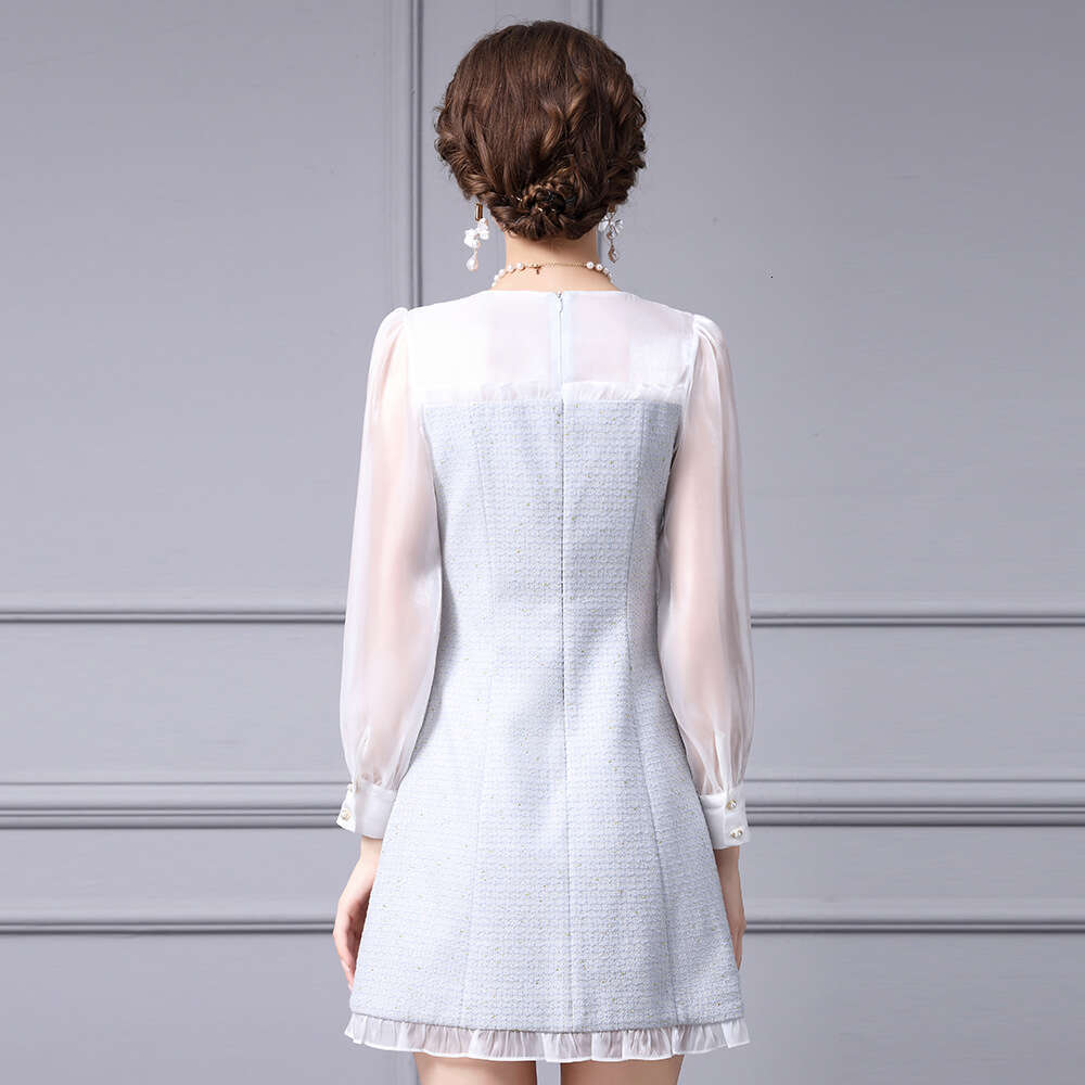 socialite lady style dress 2024 new V-neck bright silk long sleeved patchwork small chunky tweed skirt