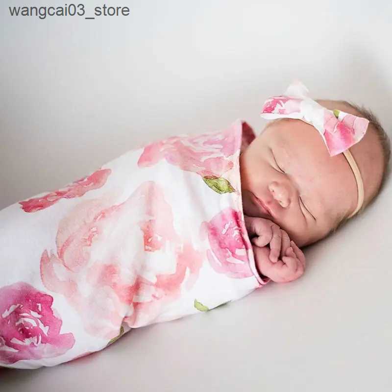 Blankets Swaddling Newborn Photography Prop Baby Blankets Printed Infant Boys Girls Sleeping Swaddle Muslin Wrap +Headband 2PCS L240910
