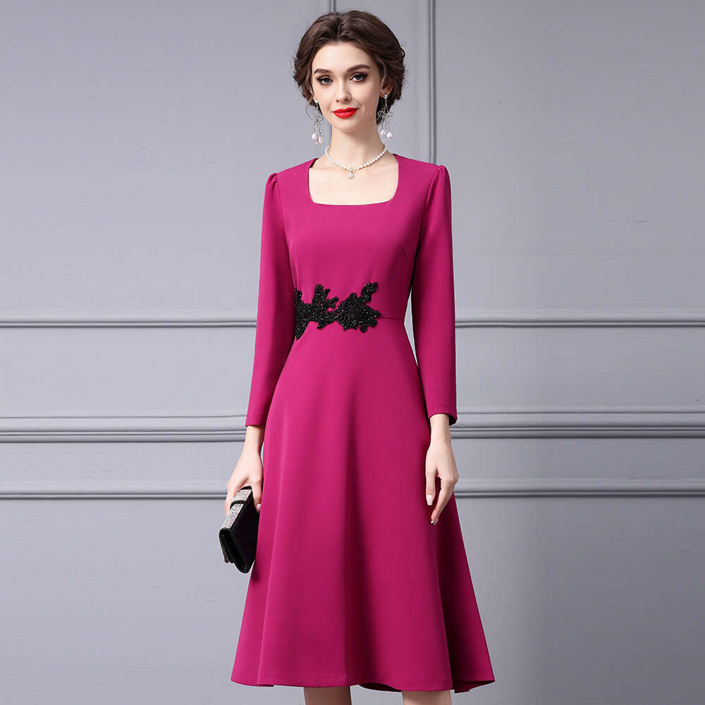 waist studded diamonds exudes sense of luxury elegance with slim fit slimming effect. The dress features nine quarter sleeves a large swing square