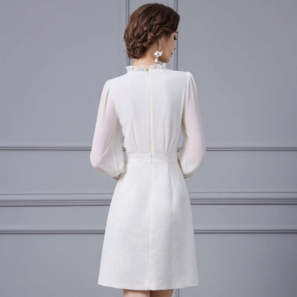 mushroom collar pearl decoration long sleeved slimming elegant noble temperament womens dress 204 new autumn