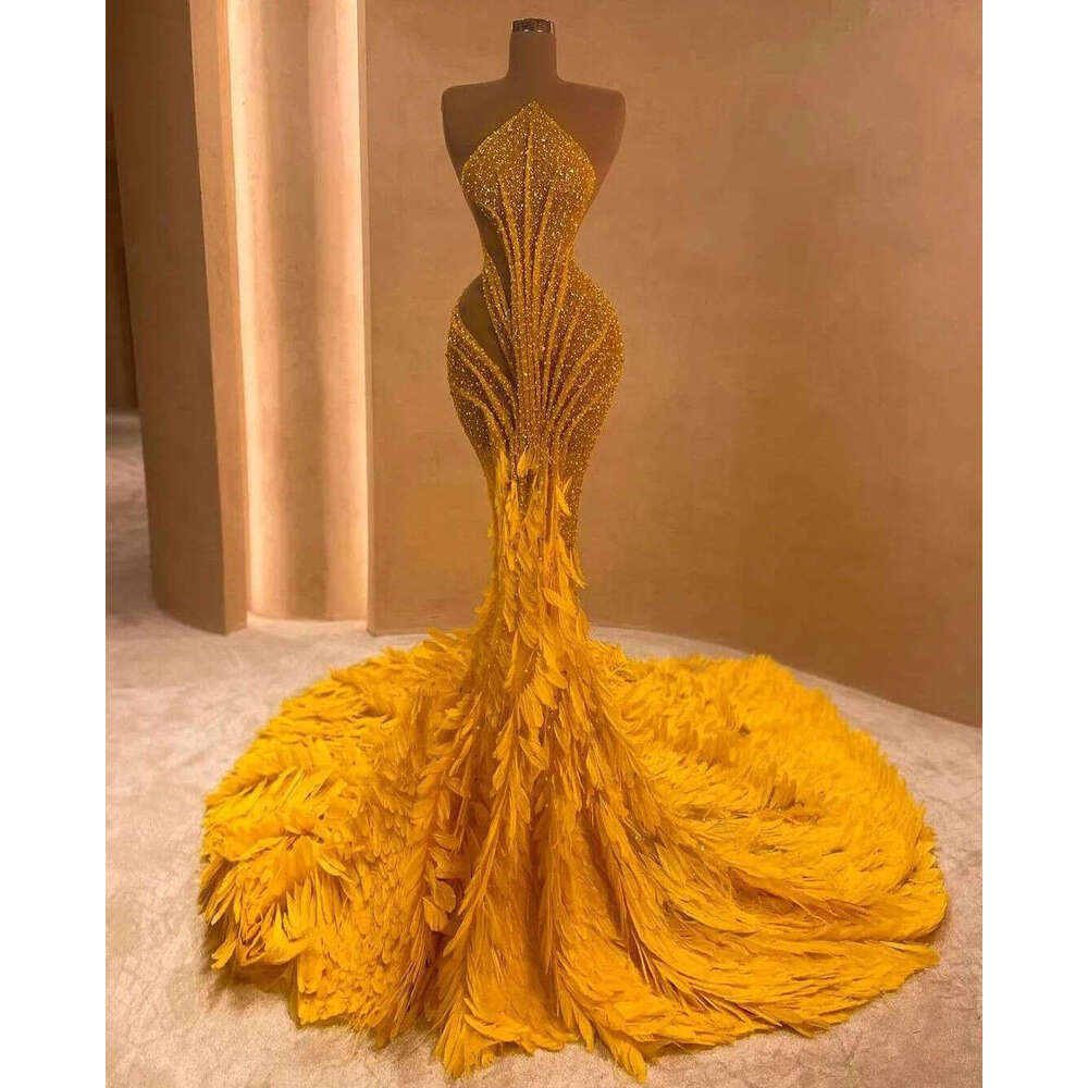 Mermaid Evening Sleeveless Bateau Sequins 3D Lace Sparkly Hollow Beaded Feather Train Prom Dresses Custom Made