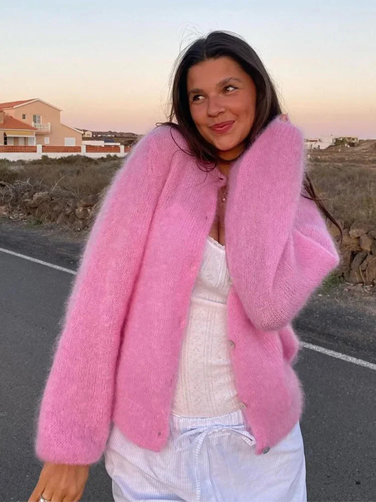 2024 Womens Pink Sweet Mohair Knitted Cardigan Chic Oneck Long Sleeve Single Breasted Sweater Lady Fashion Autumn Knitwear 241007